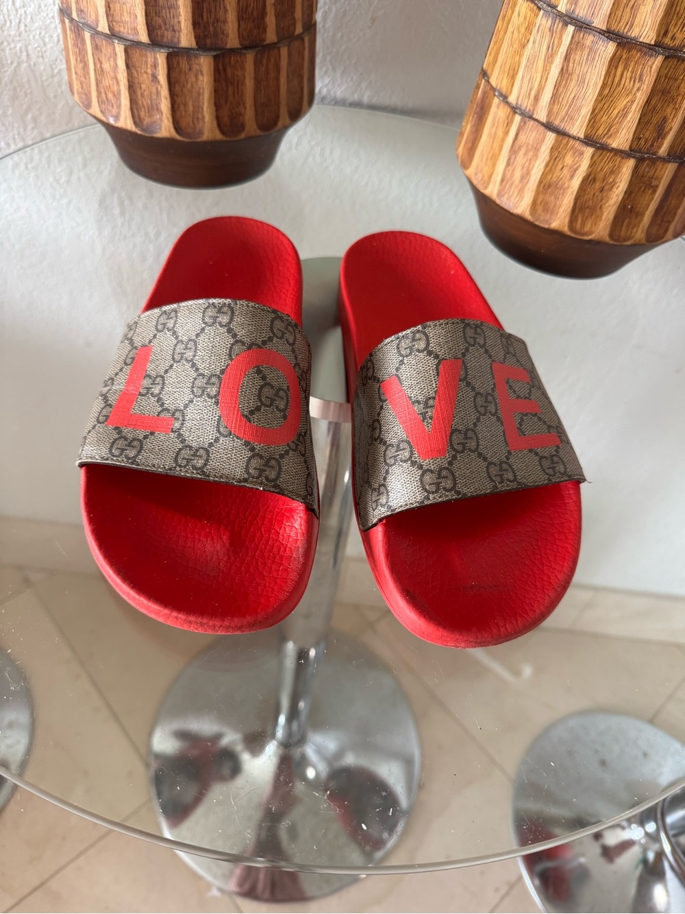 Gucci Red LOVE GG Canvas Slide Sandals